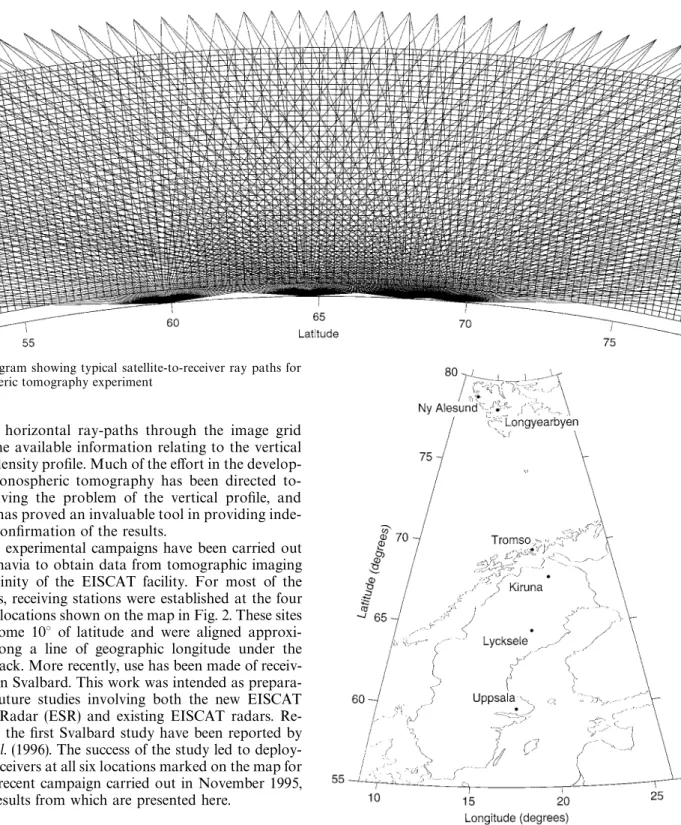 Fig. 1. Diagram showing typical satellite-to-receiver ray paths for an ionospheric tomography experiment
