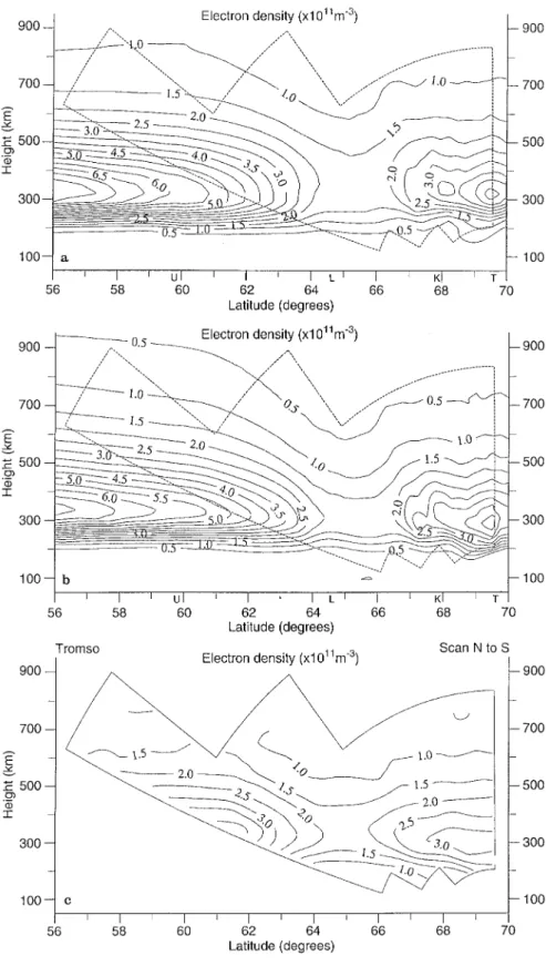 Fig. 3. a Tomographic image of electron density for a satellite pass at 1818 UT on 23 March 1992 with background ionosphere based on IRI-90 model with ionosonde input (after Kersley et al., 1993); b tomographic image of electron density for the same pass;