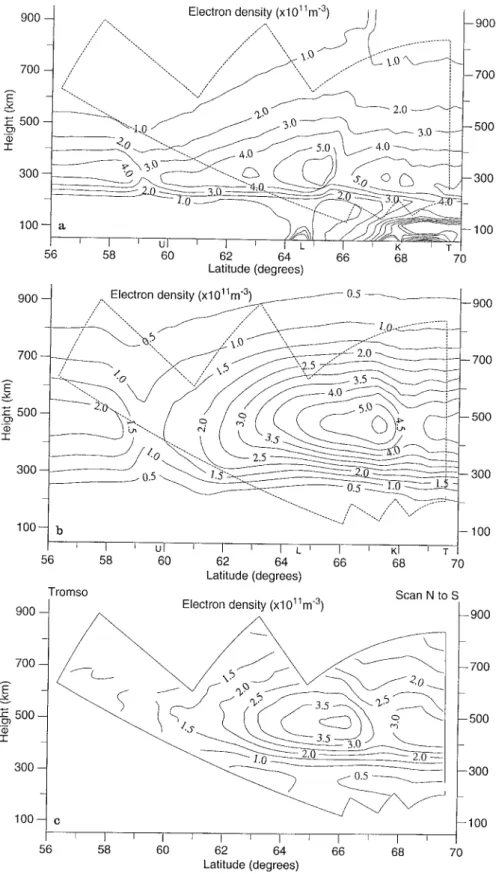 Fig. 4. a Tomographic image of electron density for a satellite pass at 2058 UT on 23 March 1992 with background  iono-sphere based on the USU model (taken from Kersley et al., 1993); b tomographic image of electron density for the same pass with backgroun