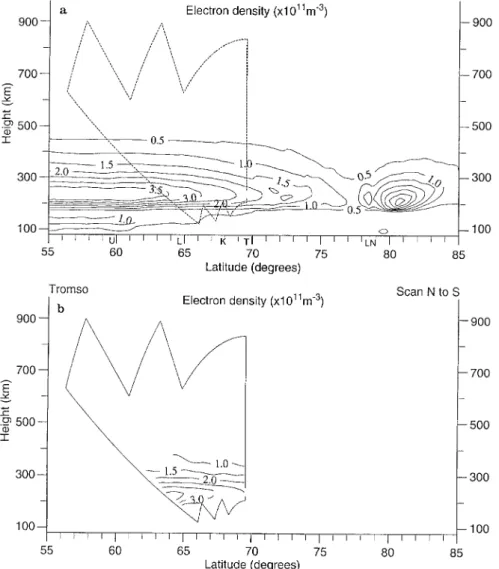 Fig. 6. a Tomographic image of electron density for a satellite pass at 1122 UT on 23 November 1995; b electron densities  meas-ured by EISCAT using SP-FI-TOMO  be-tween 1116 and 1134 UT on the 23  Novem-ber 1995