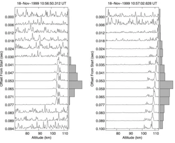 Fig. 10. Two typical meteor echo sequences as seen by MIDAS-W at about 1057 UT on 18 November, 1999 (see text for details)
