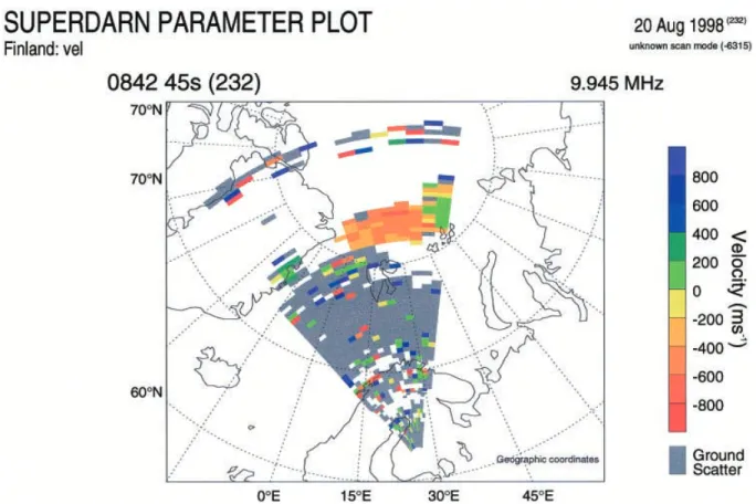 Fig. 2. Line-of-sight velocities measured by the Finland radar of the CUTLASS SuperDARN facility at 0842:45 UT on a geographic grid.