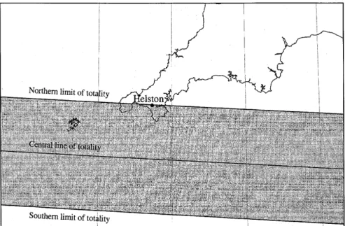 Fig. 1. The zone of totality at an altitude of 100 km across the southwest tip of the UK during the eclipse of August 11, 1999