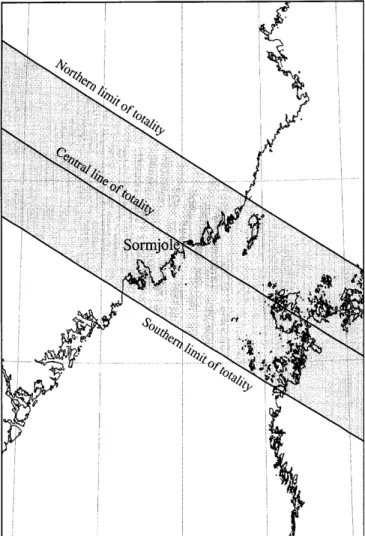 Fig. 4. The zone of totality at an altitude of 100 km across Sweden in the region of the observation point at SoÈrmjoÈle during the eclipse of 9 July, 1945