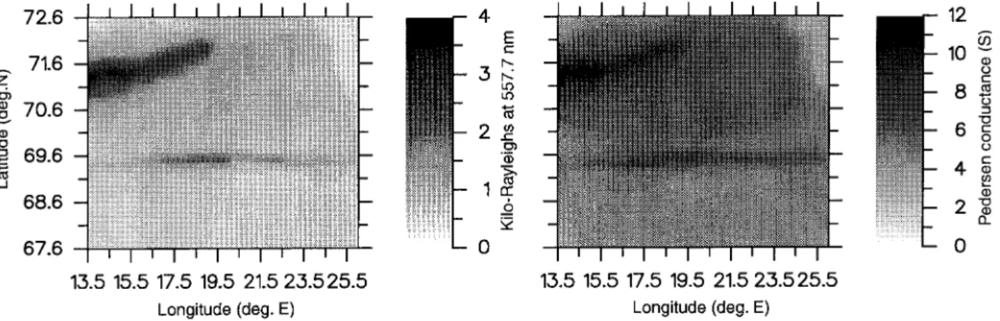 Fig. 3. An example of an auroral image taken by DASI calibrated in Rayleighs and the computed distribution of Pedersen conductance resulting from auroral precipitation