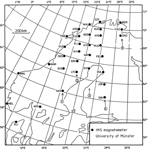 Fig. 1. Locations of the magnetometer stations of the Scandinavian  magnetome-ter array in geographic coordinates