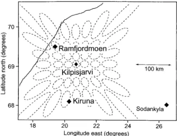 Fig. 1. Locations of the EISCAT sites and of the IRIS at Kilpisja¨rvi ( filled diamonds)