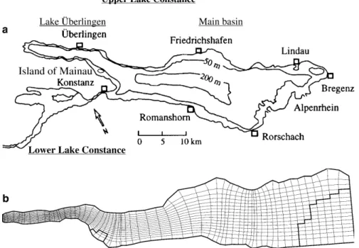 Fig. 1. a Lake Constance principal bathy- bathy-metry with indication of several towns and three sub-basins: Upper and Lower Lake Constance and Lake UÈberlingen, b  compu-tational grid for ``global'' current simulation in the Upper Lake Constance and Lake 
