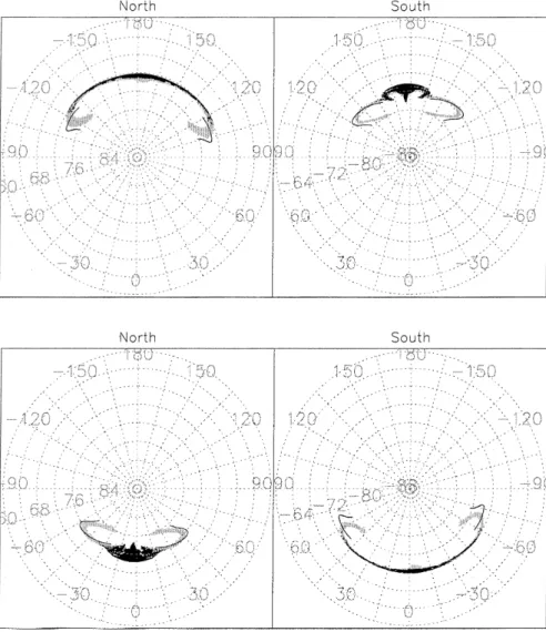 Fig. 3. Merging line at the northern winter solstice for 0500 UT. The coordinate system and greyscale shading scheme are as in Fig