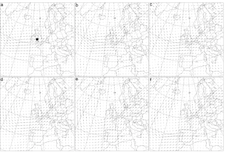 Fig. 2. Horizontal wind vectors at 500 mb above western Europe, at 12 UTC on (a) 14, (b) 15, (c) 16, (d) 17, (e) 18, (f) 19 August 2000