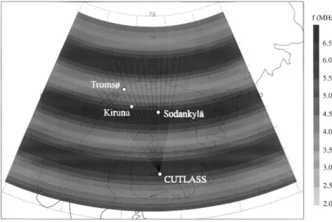 Fig. 1. A map showing the location of the Kiruna, SodankylaÈ, and Tromsù ionosondes and the CUTLASS (Finland) station