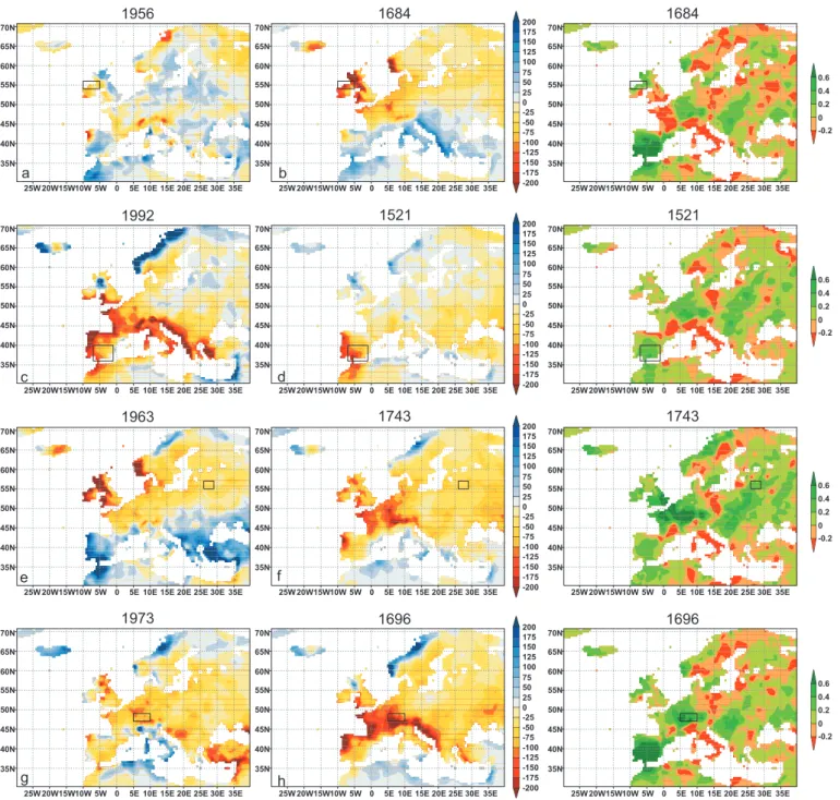 Fig. 1. European winter (DJF) precipitation anomaly maps [mm] relative to 1951–2000. The left panels show modern winters that have been very dry in the region marked by the black rectangles