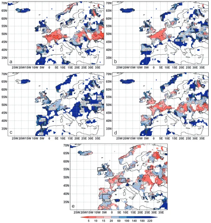 Fig. 8. Spatial distribution of return periods for dry winters which had a return period of 20 years during 1951–2000