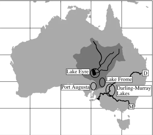 Fig. 1. Map of Australia showing the Lake Eyre Basin (dark shading) with Lake Eyre and its major fluvial systems, and generalized areas from which eggshell have been collected around Lake Eyre Port Augusta, Lake Frome, and the Darling-Murray Lakes