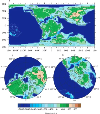 Fig. 2. Early Aptian geography, topography, and bathymetry. The color bar is as explained in Fig