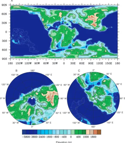 Fig. 3. Early Albian geography, topography, and bathymetry. The color bar is as explained in Fig