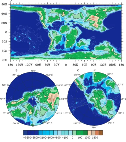 Fig. 4. Cenomanian/Turonian boundary geography, topography, and bathymetry. The color bar is as explained in Fig