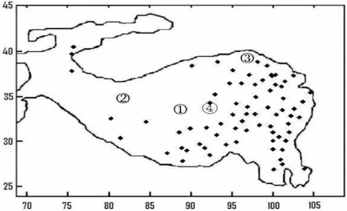 Fig. 1. Distribution of the ice coring sites on the Tibetan Plateau. Dots indicate meteoro-stations around the Plateau; numbers are the sites of the ice cores discussed in the paper.