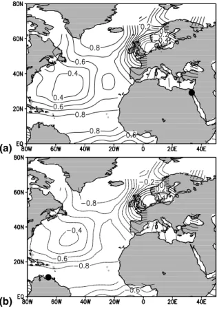 Fig. 2. Correlation map between gridded North Atlantic sea surface temperature (Mann et al., 1998) and proxy time series from (a) northern Red Sea Felis et al
