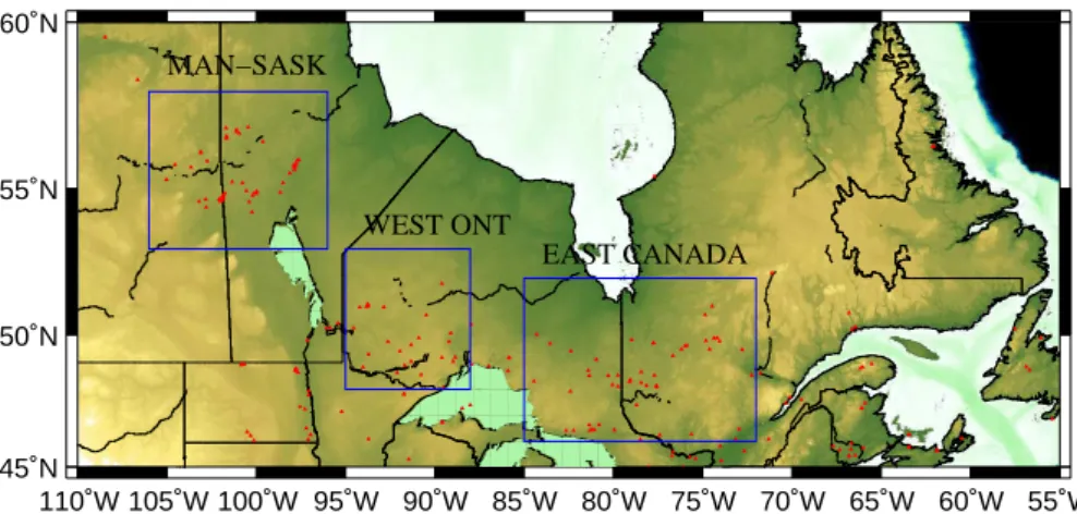 Fig. 1. Location map showing the three regions and the data used in this study. The blue rectangles delimits the three regions