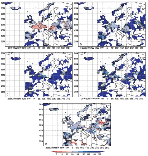 Fig. 7. As Fig. 6, but for wet winters. For significance of the changes in the regions marked by black rectangles see Fig