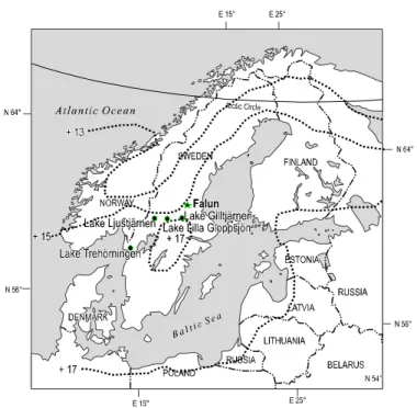 Fig. 1. The study area and the key study sites in central Sweden. The climatological analysis was carried out from the 1900–2002 climate data from Falun