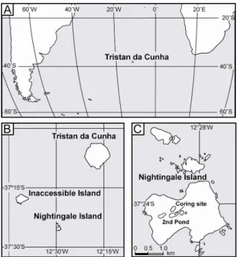 Fig. 1. (A) The position of the Tristan da Cunha island group in the South Atlantic. (B) The three main islands of the group