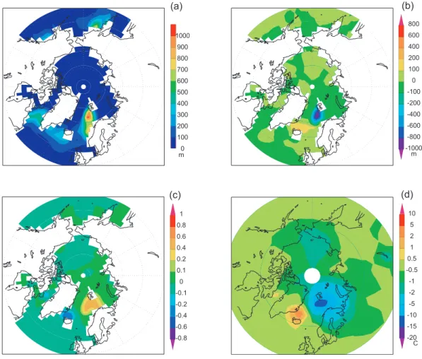 Fig. 6. Simulated fields for March derived from the ensemble member shown in Fig. 5. (a) Convection depth (in metres) averaged over the period 3000–2500 yr BP