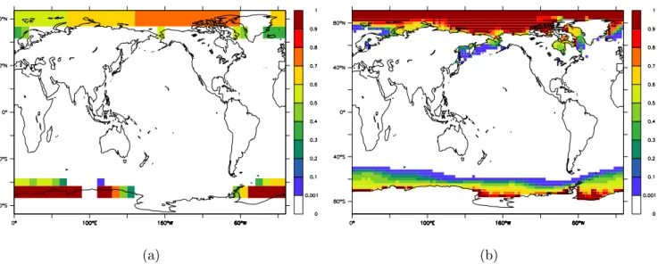 Fig. 3. Annual mean sea ice fraction in (a) our pre-industrial simulation, and (b) a pre-industrial HadSM3 simulation.