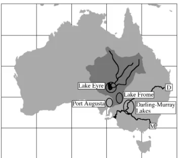 Fig. 1. Map of Australia showing the Lake Eyre Basin (dark shad- shad-ing) with Lake Eyre and its major fluvial systems, and generalized areas from which eggshell have been collected around Lake Eyre, Port Augusta, Lake Frome, and the Darling-Murray Lakes