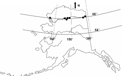 Fig. 1. Map of site locations in the Brooks Range, northern Alaska. From west to east, in brackets ITRDB contribution number: Kugururok River Forest I (KGF1, new site), Hunt Fork (ak052), Chimney Lake and North Fork (ak48 and ak49), Nutirwik Creek (ak50 an