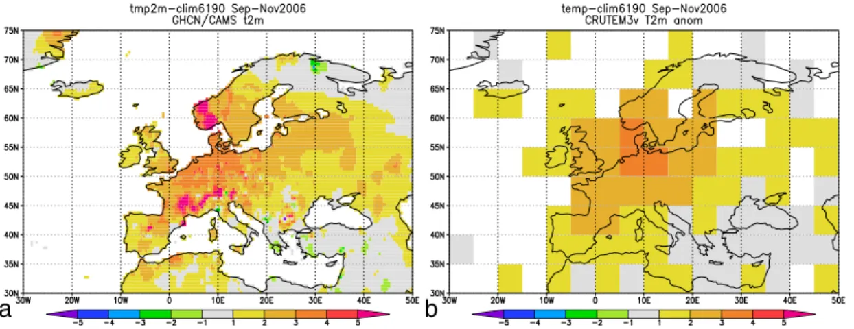 Fig. 4. The temperature anomaly (relative to 1961–1990) of September–November 2006 in the GHCN/CAMS (a) and CRUTEM3 (b) datasets.
