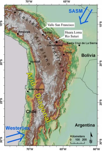 Fig. 1. Location of the research areas. The Valle San Francisco (Cordillera Real) and the Valle de Rio Suturi and Huara Loma (Cordillera Cochabamba) are situated at the north-eastern transition zone from the Altiplano to the lowlands of Bolivia and the Ama