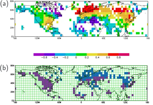 Fig. 5. As in Fig. 2, but for terrestrial surface air temperature (boreal winter). Empty boxes represent areas with insufficient data.