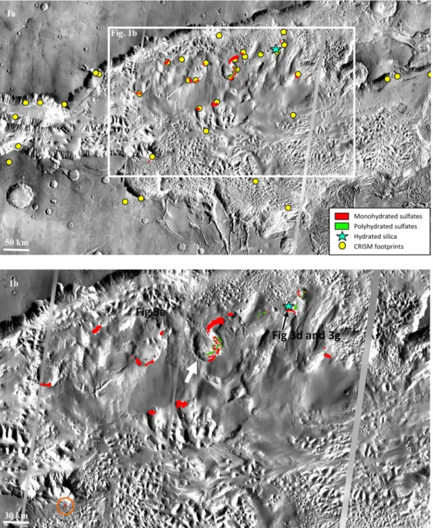 Figure 1. (a) Distribution of the main hydrated mineral detections in Capri Chasma (central longitude: