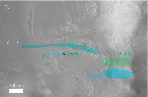 Figure 8. Detailed morphology of the prehnite and chlorite bearing units on the crater rim and the linear feature with prehnite and chlorite spectral signature near the crater rim seen in Figure 6