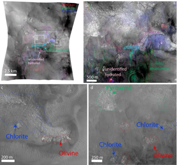 Figure 12. CRISM detections of hydrous minerals in the central peak region of Micoud crater