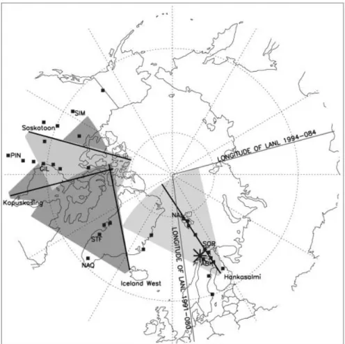 Fig. 1. Location of instruments. Magne- Magne-tometer networks shown are MARIA in Canada, IMAGE in Scandinavia and DMI magnetometers on Greenland