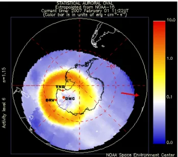 Fig. 1. Current extent and position of the auroral oval in the Southern Hemisphere, extrapolated from measurements taken  dur-ing a recent polar pass of the NOAA POES satellite (from http: