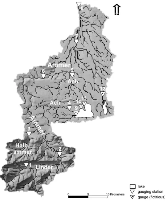 Figure 4: Relief Map of the Ammer River catchment – incl. location of 8 gauges (adapted  from Kunstmann et al., 2004)
