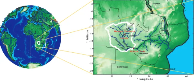 Fig. 1. Topography and stream flow network of the upper Zambezi and its surroundings.