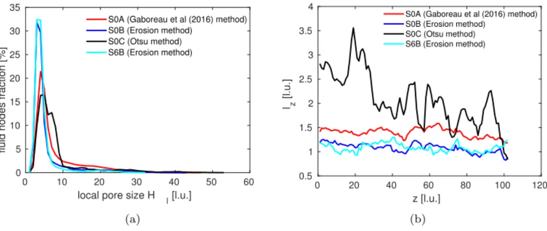 Figure 9: (a) The local pore size H l distribution inside the illite sub-samples. (b) Characteristic pore size l z of the extracted illite sub-samples.