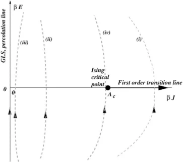 FIG. 3. Possible paths in the space of coupling constants of Ising models, under increasing imposed elongation associated with different local load sharing damage models.