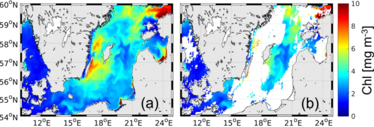 Figure 2. Example chlorophyll-a concentration (Chl) maps: (a) As obtained from the HBM HBO model  for the 1 May 2016 at 12:00 local time; and (b) after the application of cloud masks (in white) by SEVIRI  imager at the same hour