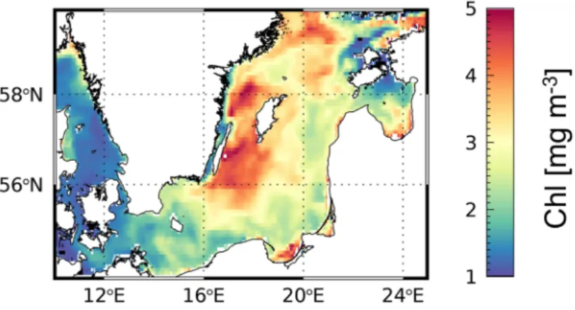 Figure 3. The mean daytime Chl field for May 2016 from the biogeochemical model after  reconstruction of gaps with the Multi-Channel Singular Spectral Analysis (M-SSA) method using  observations from a geostationary (GEO) simulation