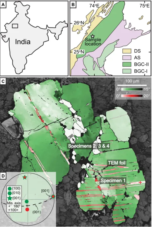 Figure 1.  (A) Boundary map of India (box shows location of B). (B) Simplified geological map  of the Sandmata granulite complex (modified from Buick et al., 2006), with location of our  monazite grain sample