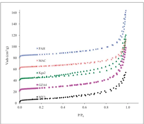 Fig. 4: N 2  Adsorption isotherms at 77 K on the kaolinite samples  