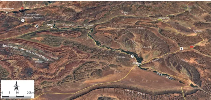 Fig. 1.– Localisation des principaux sites géologiques et panoramas décrits le long de  l'itinéraire dans l'Anti-Atlas, entre Ouarzazate et Tazzarine