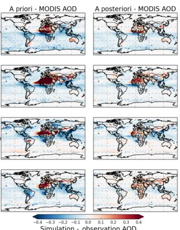 Figure 10. Differences between a priori and a posteriori GEOS- GEOS-Chem seasonal AOD with MODIS C6 merged products.