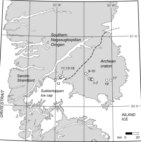 Fig. 1. Map of West Greenland, showing sample locations. Location of KIM 18 is approximate